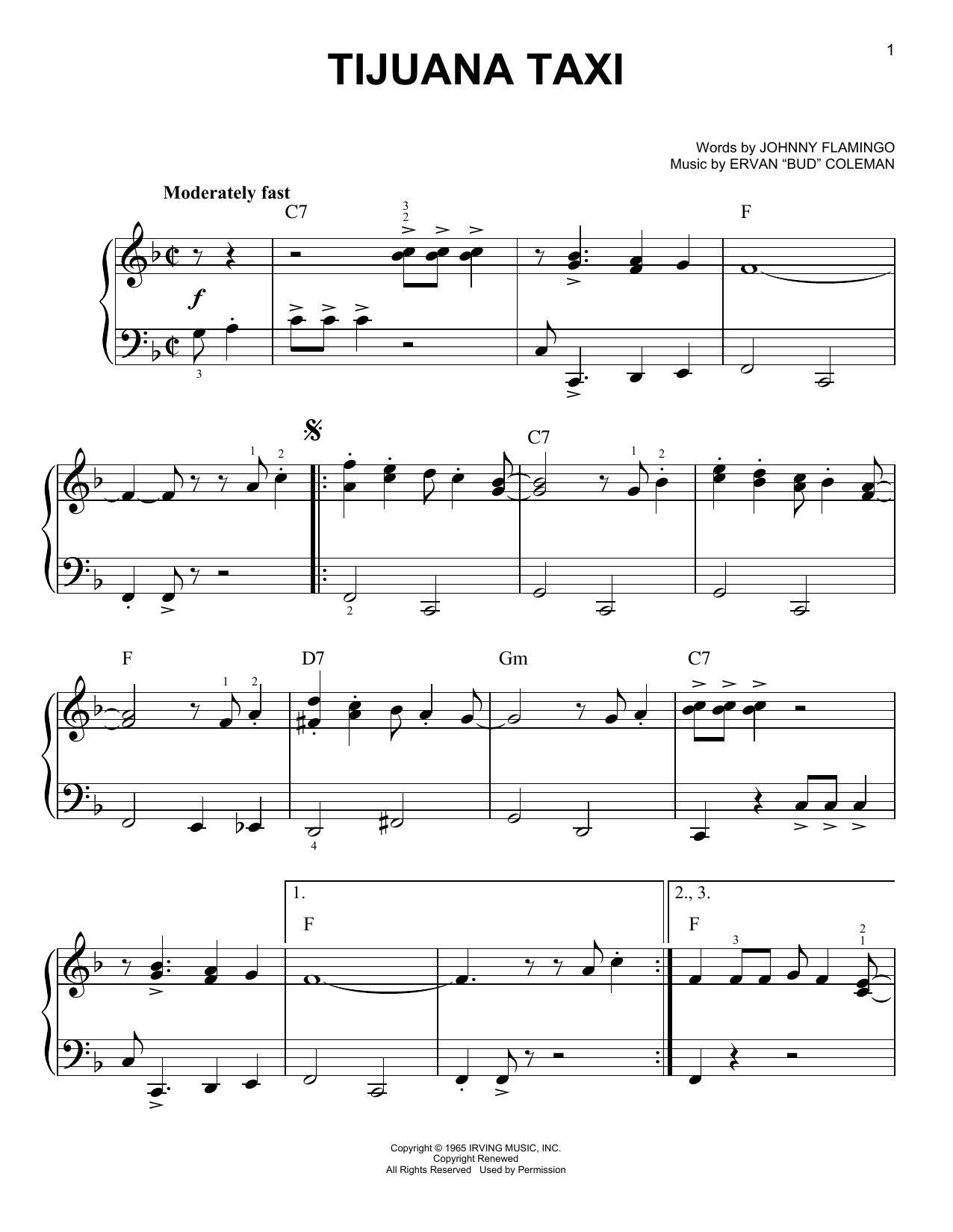 Herb Alpert & The Tijuana Brass Tijuana Taxi Sheet Music Notes & Chords for Easy Piano - Download or Print PDF