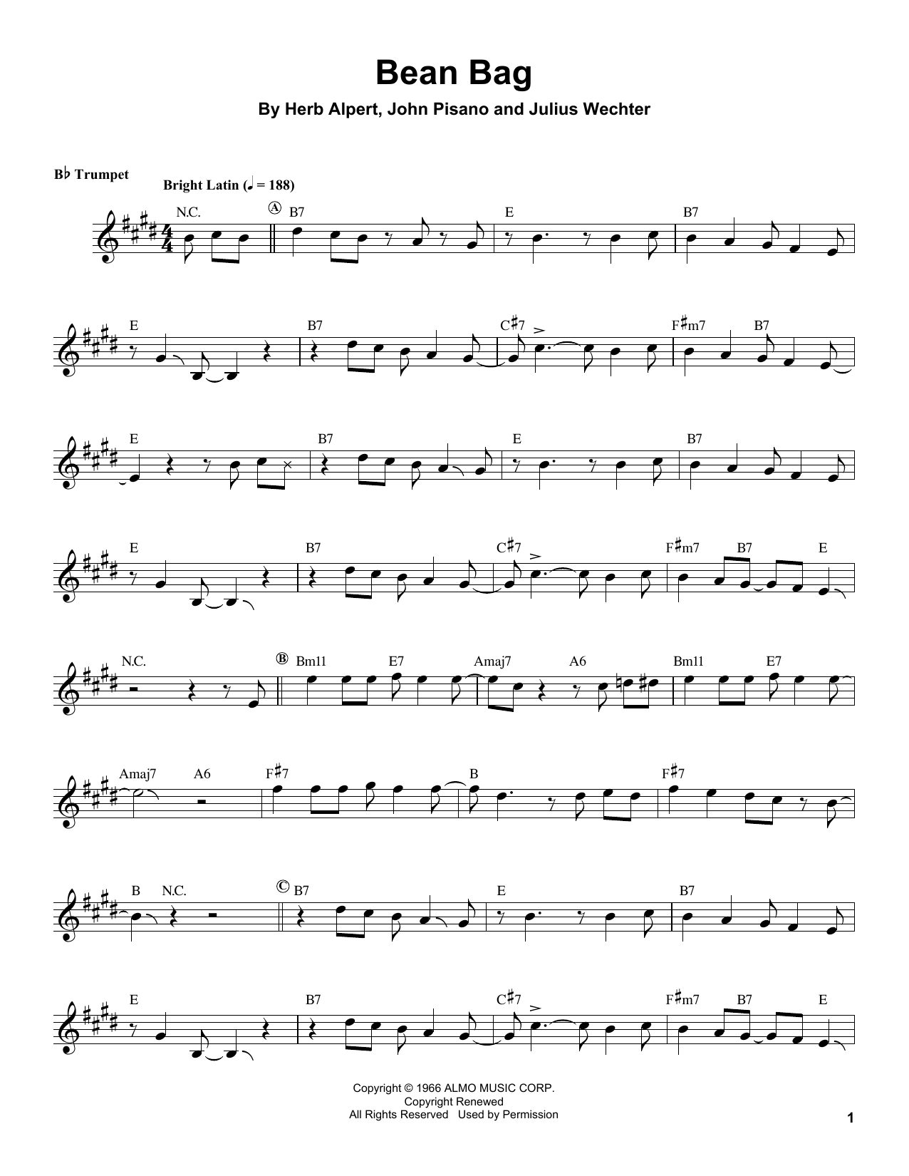 Herb Alpert Bean Bag Sheet Music Notes & Chords for Trumpet Transcription - Download or Print PDF