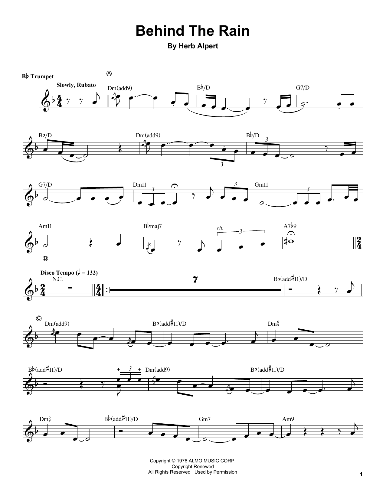 Herb Alpert Behind The Rain Sheet Music Notes & Chords for Trumpet Transcription - Download or Print PDF