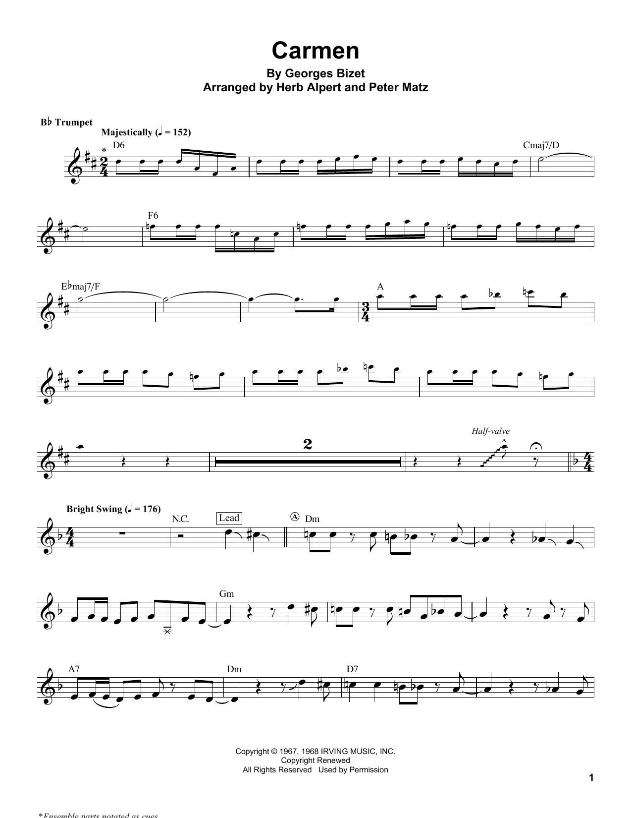 Herb Alpert Carmen Sheet Music Notes & Chords for Trumpet Transcription - Download or Print PDF
