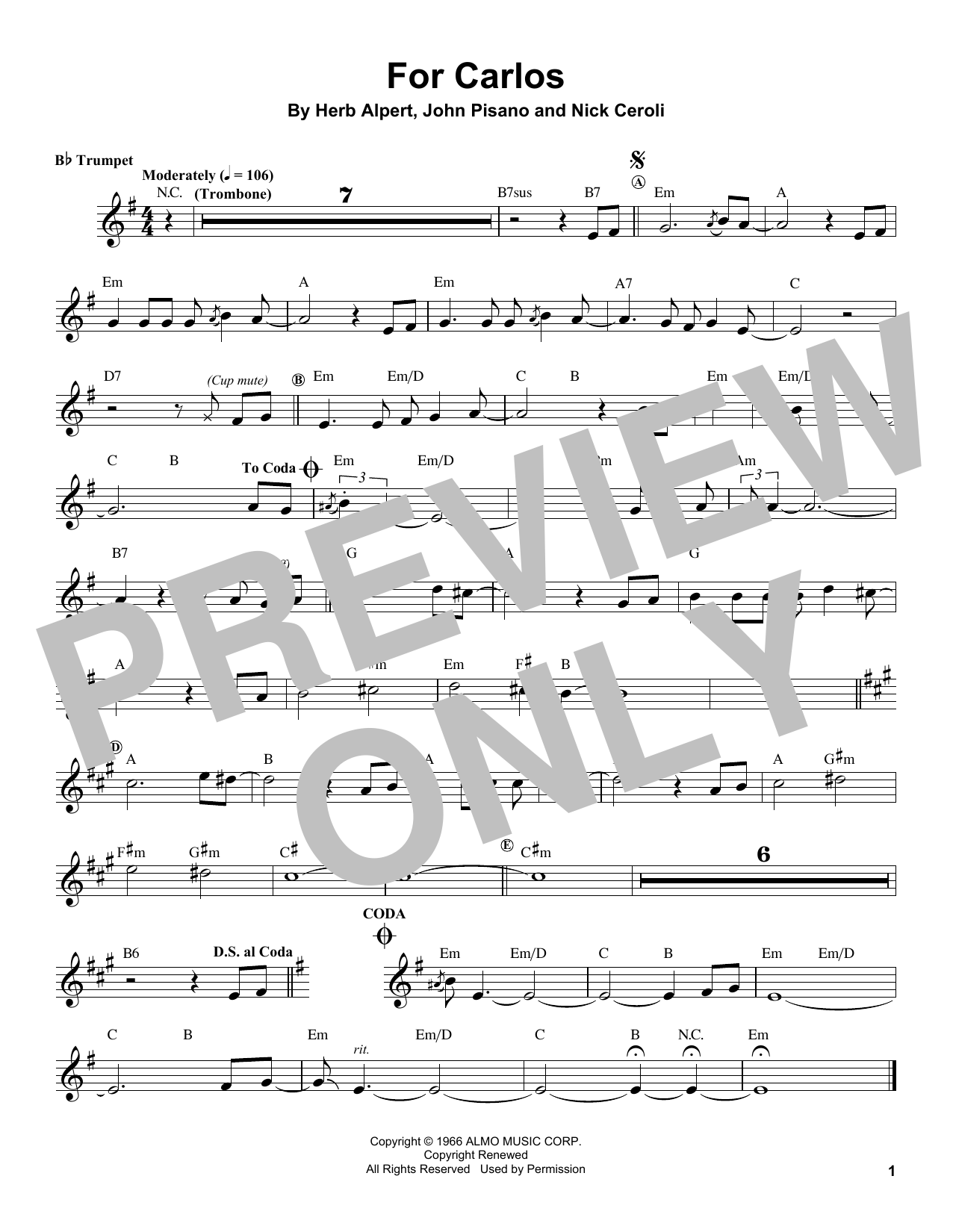 Herb Alpert For Carlos Sheet Music Notes & Chords for Trumpet Transcription - Download or Print PDF