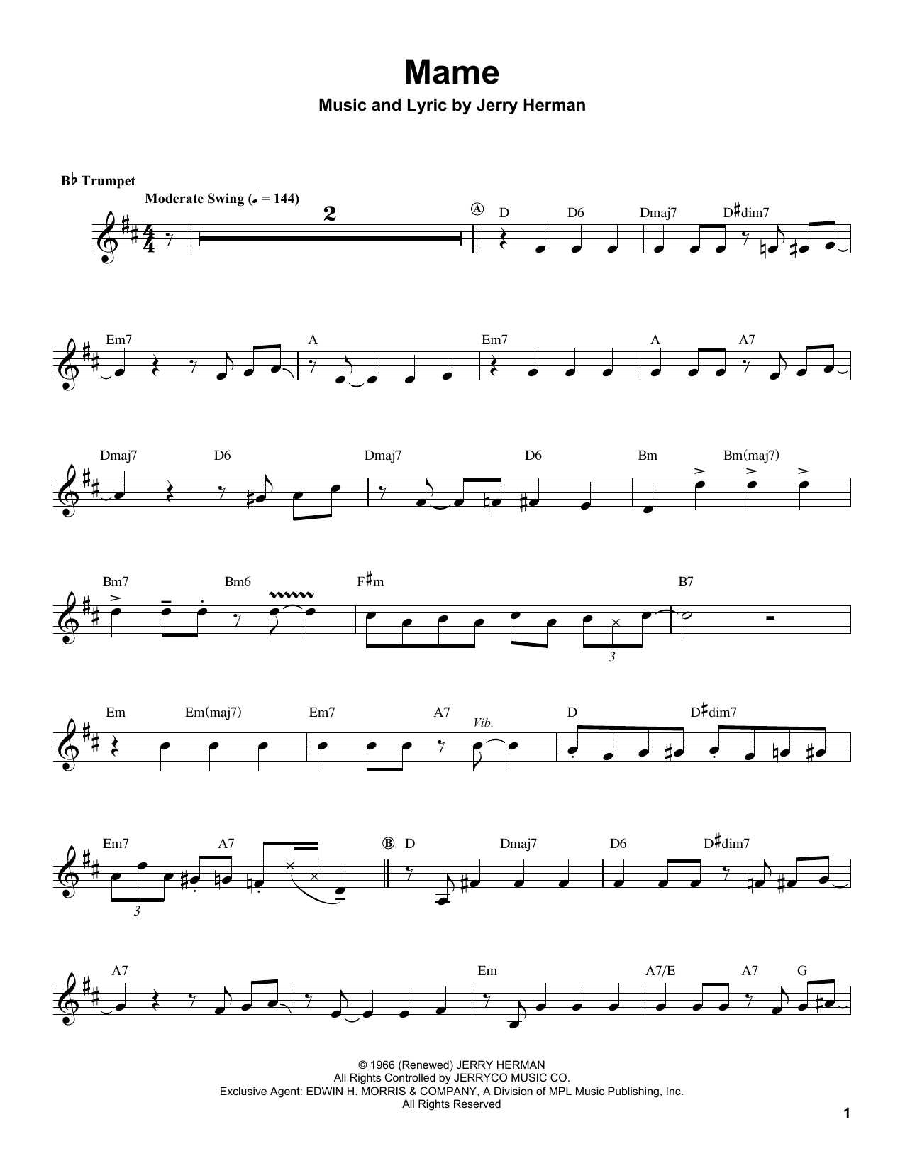 Herb Alpert Mame Sheet Music Notes & Chords for Trumpet Transcription - Download or Print PDF