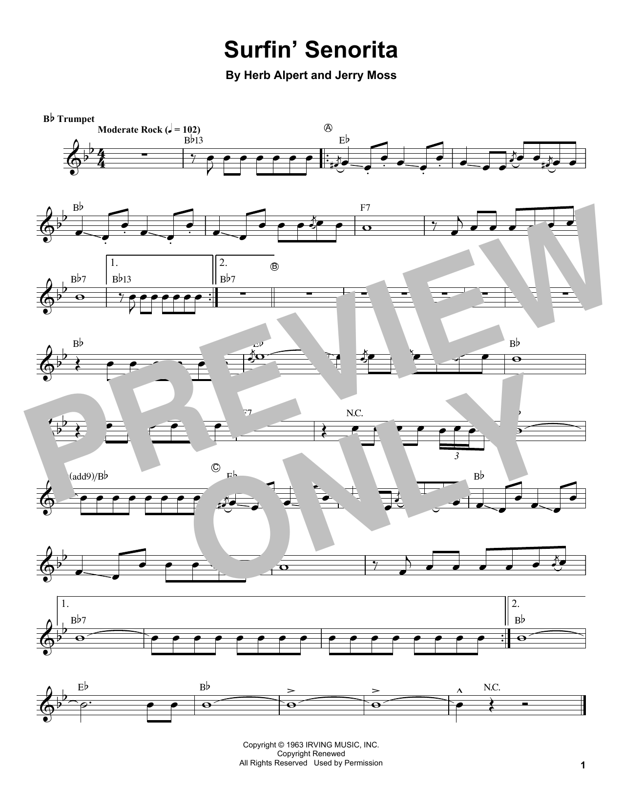 Herb Alpert Surfin' Señorita Sheet Music Notes & Chords for Trumpet Transcription - Download or Print PDF