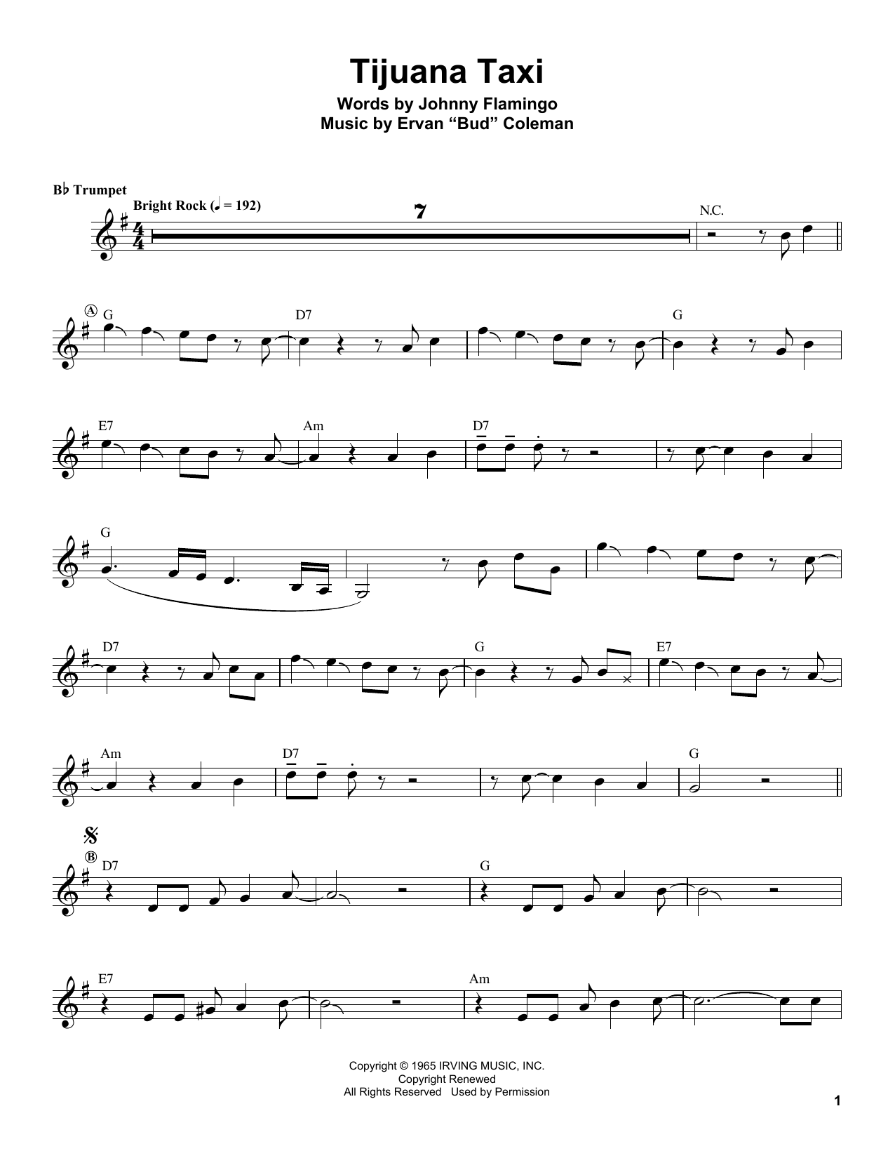 Herb Alpert Tijuana Taxi Sheet Music Notes & Chords for Trumpet Transcription - Download or Print PDF