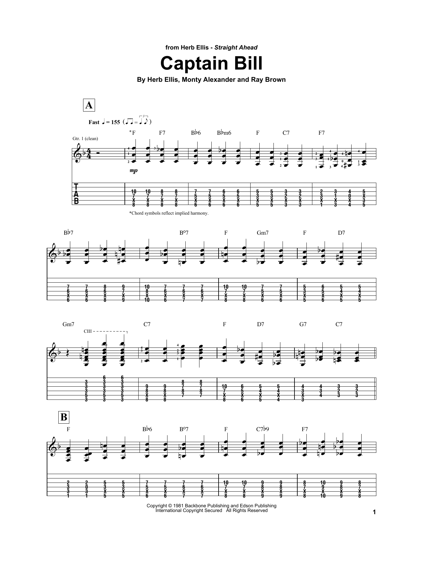 Herb Ellis Captain Bill Sheet Music Notes & Chords for Electric Guitar Transcription - Download or Print PDF