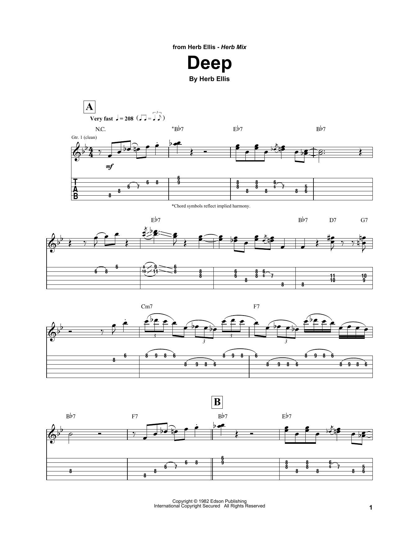 Herb Ellis Deep Sheet Music Notes & Chords for Electric Guitar Transcription - Download or Print PDF