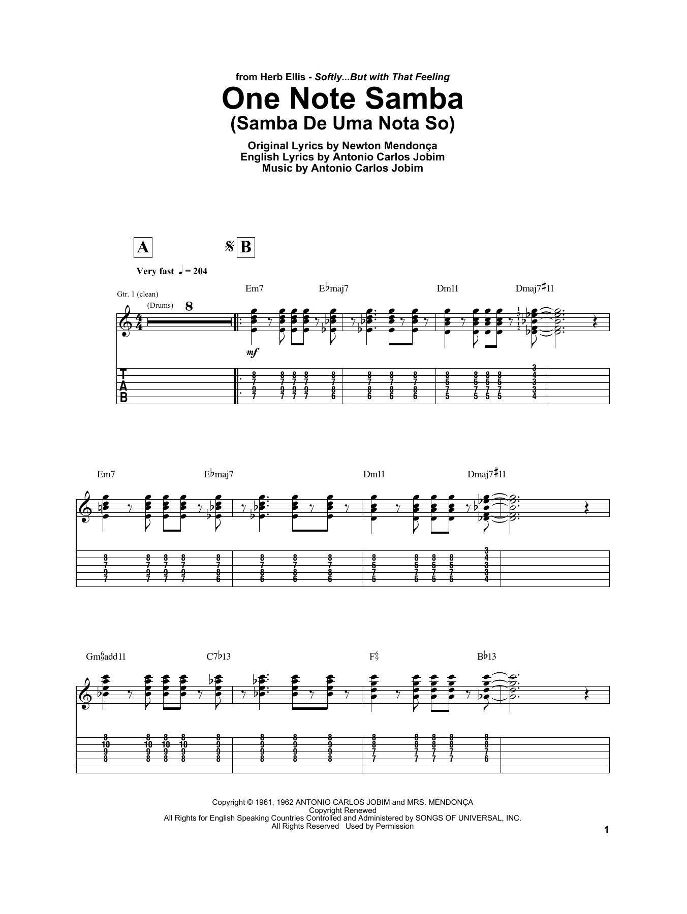 Herb Ellis One Note Samba (Samba De Uma Nota So) Sheet Music Notes & Chords for Electric Guitar Transcription - Download or Print PDF