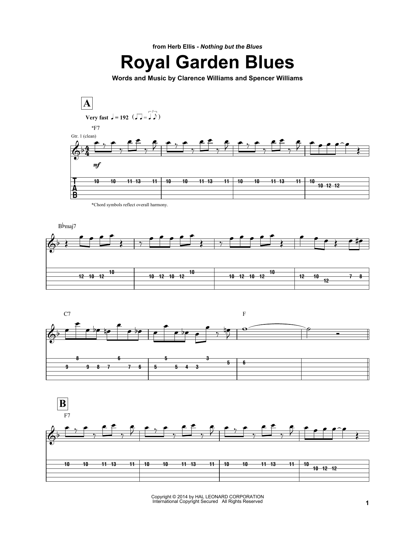 Herb Ellis Royal Garden Blues Sheet Music Notes & Chords for Electric Guitar Transcription - Download or Print PDF