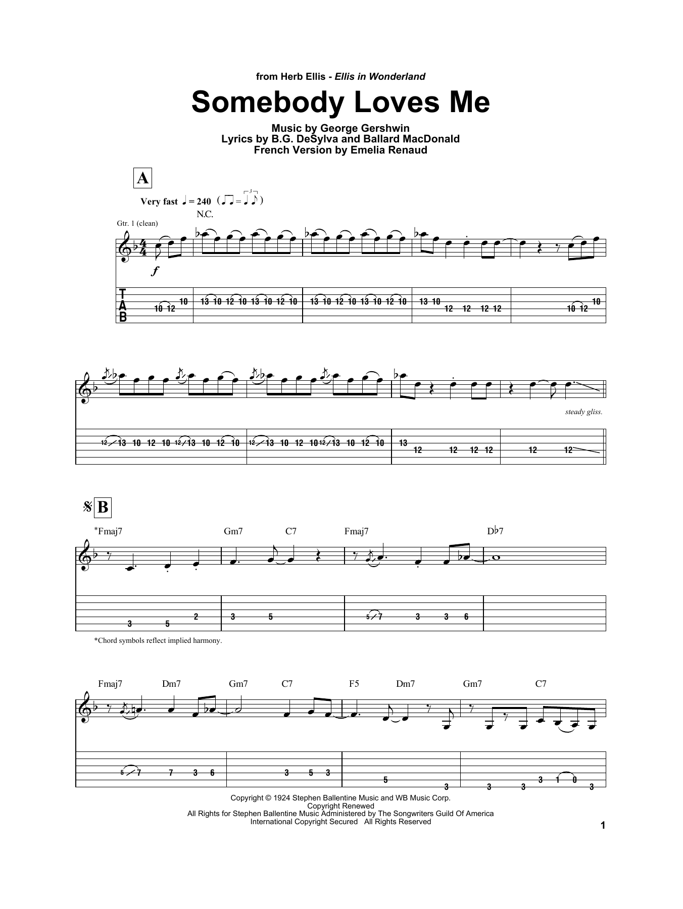 Herb Ellis Somebody Loves Me Sheet Music Notes & Chords for Electric Guitar Transcription - Download or Print PDF