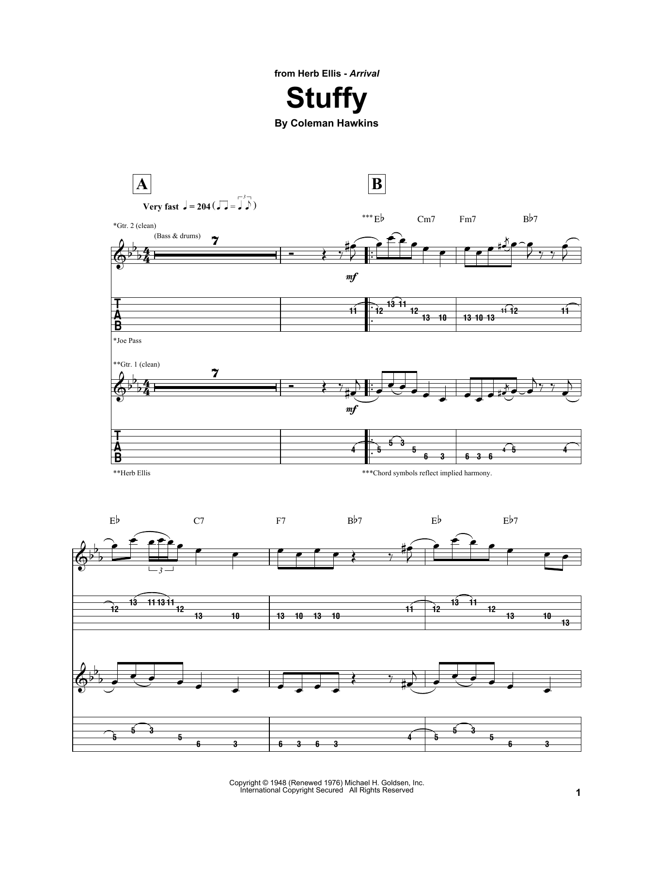Herb Ellis Stuffy Sheet Music Notes & Chords for Electric Guitar Transcription - Download or Print PDF