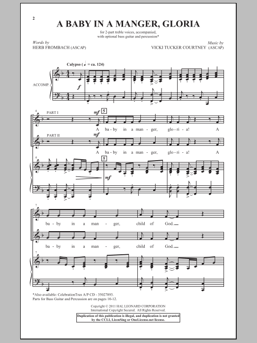 Herb Frombach A Baby In A Manger, Gloria! Sheet Music Notes & Chords for 2-Part Choir - Download or Print PDF