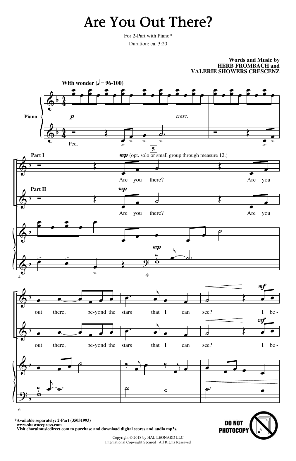 Herb Frombach Are You Out There? Sheet Music Notes & Chords for 2-Part Choir - Download or Print PDF
