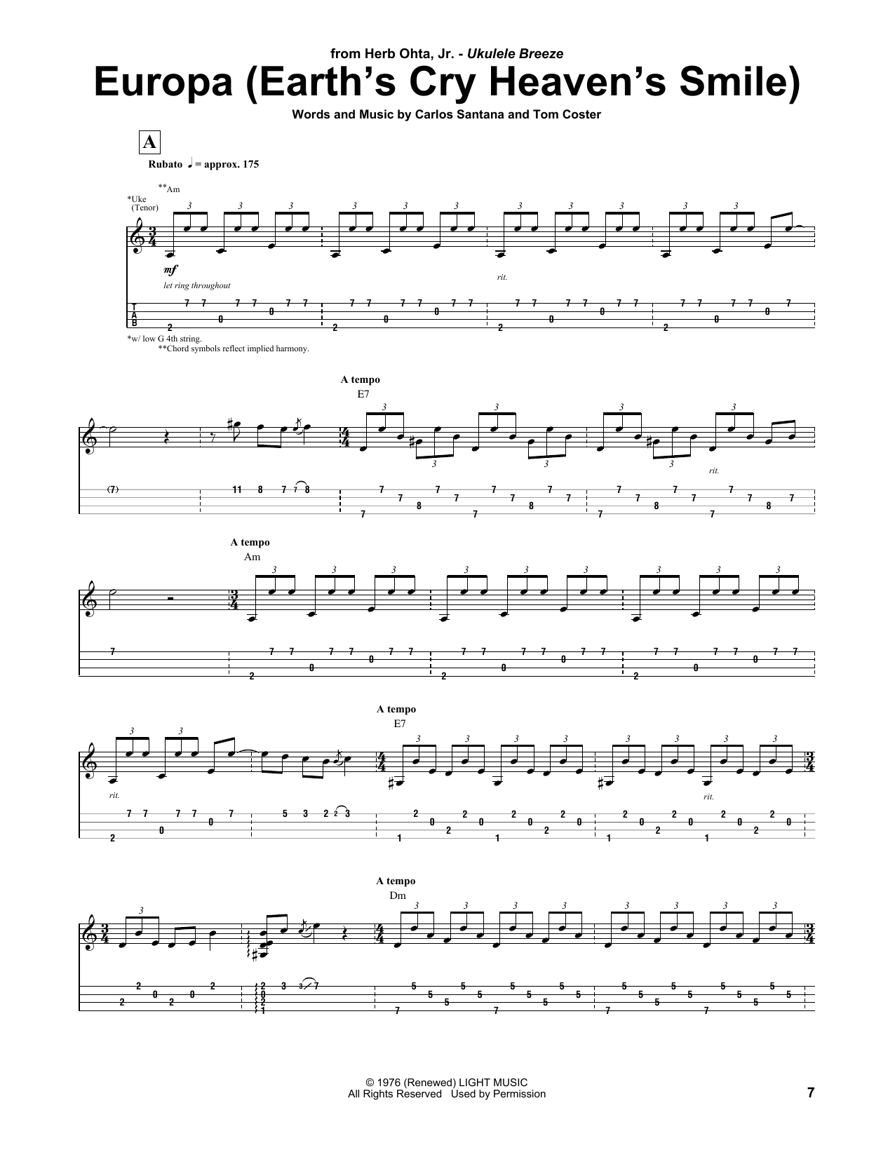 Herb Ohta, Jr. Europa Sheet Music Notes & Chords for UKETAB - Download or Print PDF