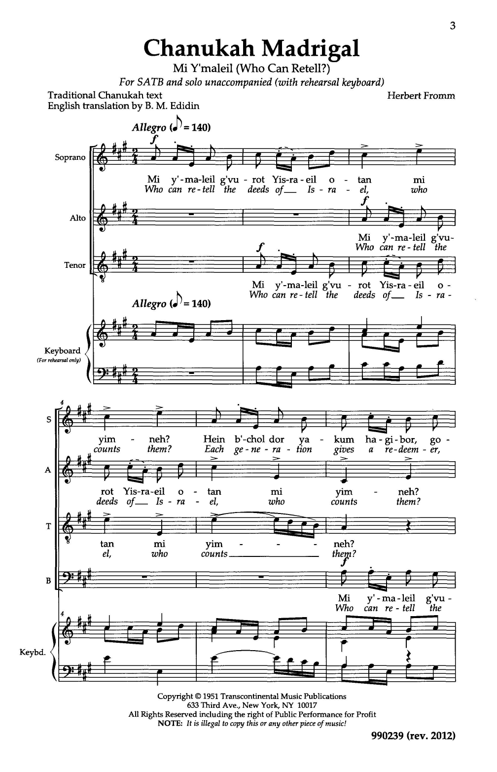 Herbert Fromm Hanukkah Madrigal (Mi Y'mallel) Sheet Music Notes & Chords for SATB Choir - Download or Print PDF