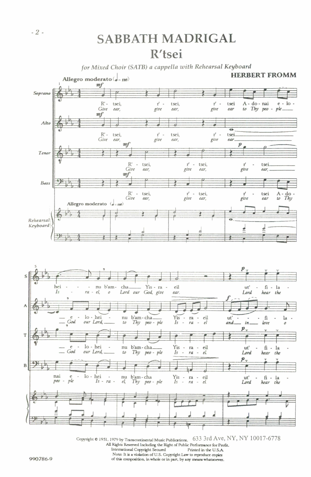 Herbert Fromm Sabbath Madrigal (R'tsei) Sheet Music Notes & Chords for SATB Choir - Download or Print PDF