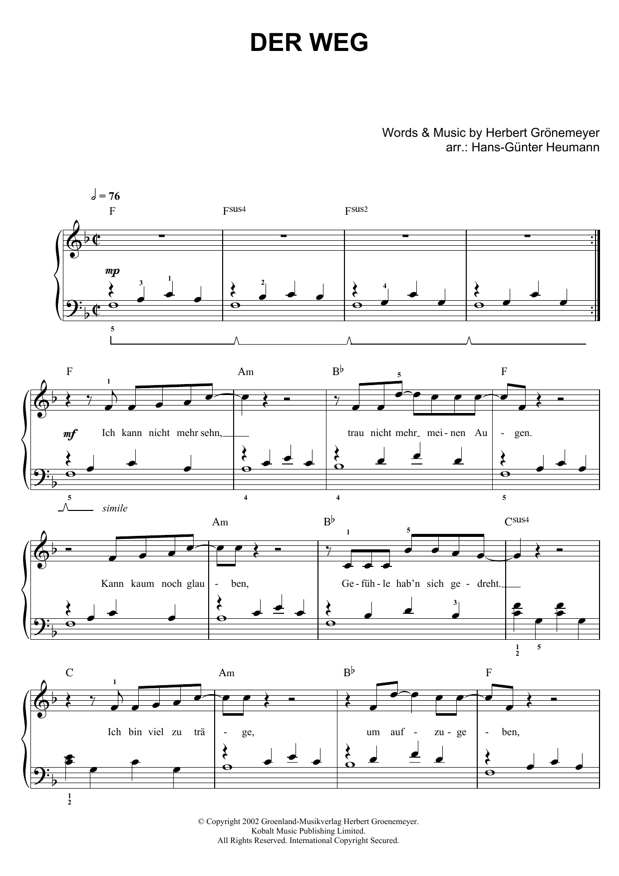 Herbert Groenemeyer Der Weg Sheet Music Notes & Chords for Easy Piano - Download or Print PDF