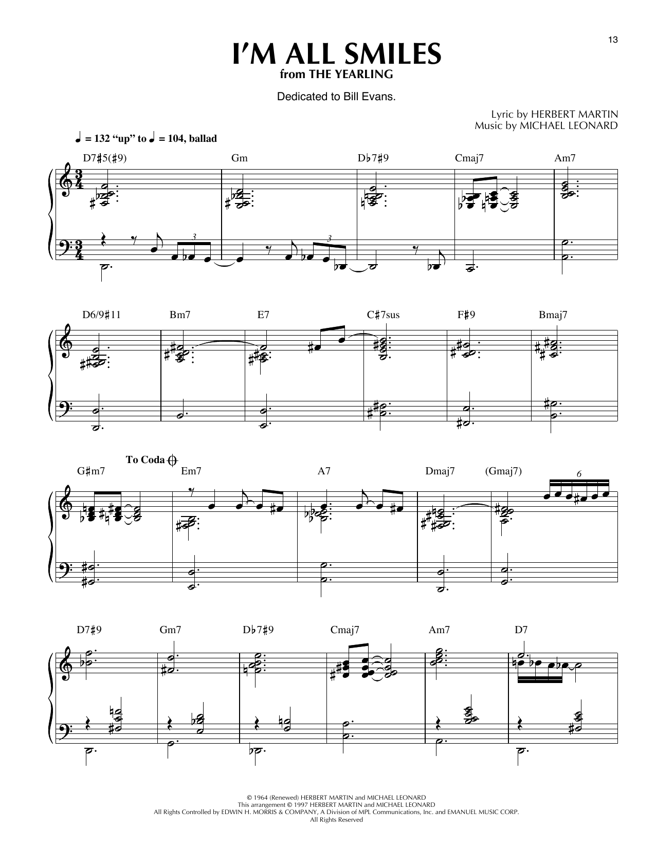 Herbert Martin I'm All Smiles (from The Yearling) (arr. Thomas Coppola) Sheet Music Notes & Chords for Piano Solo - Download or Print PDF
