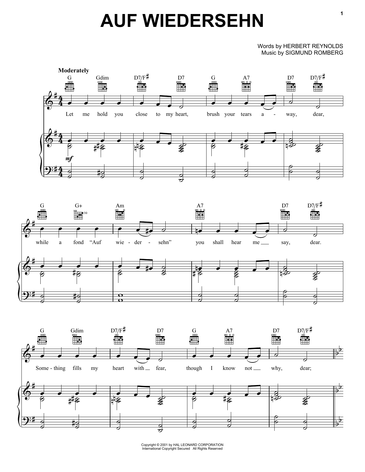 Herbert Reynolds Auf Wiedersehn Sheet Music Notes & Chords for Piano, Vocal & Guitar Chords (Right-Hand Melody) - Download or Print PDF