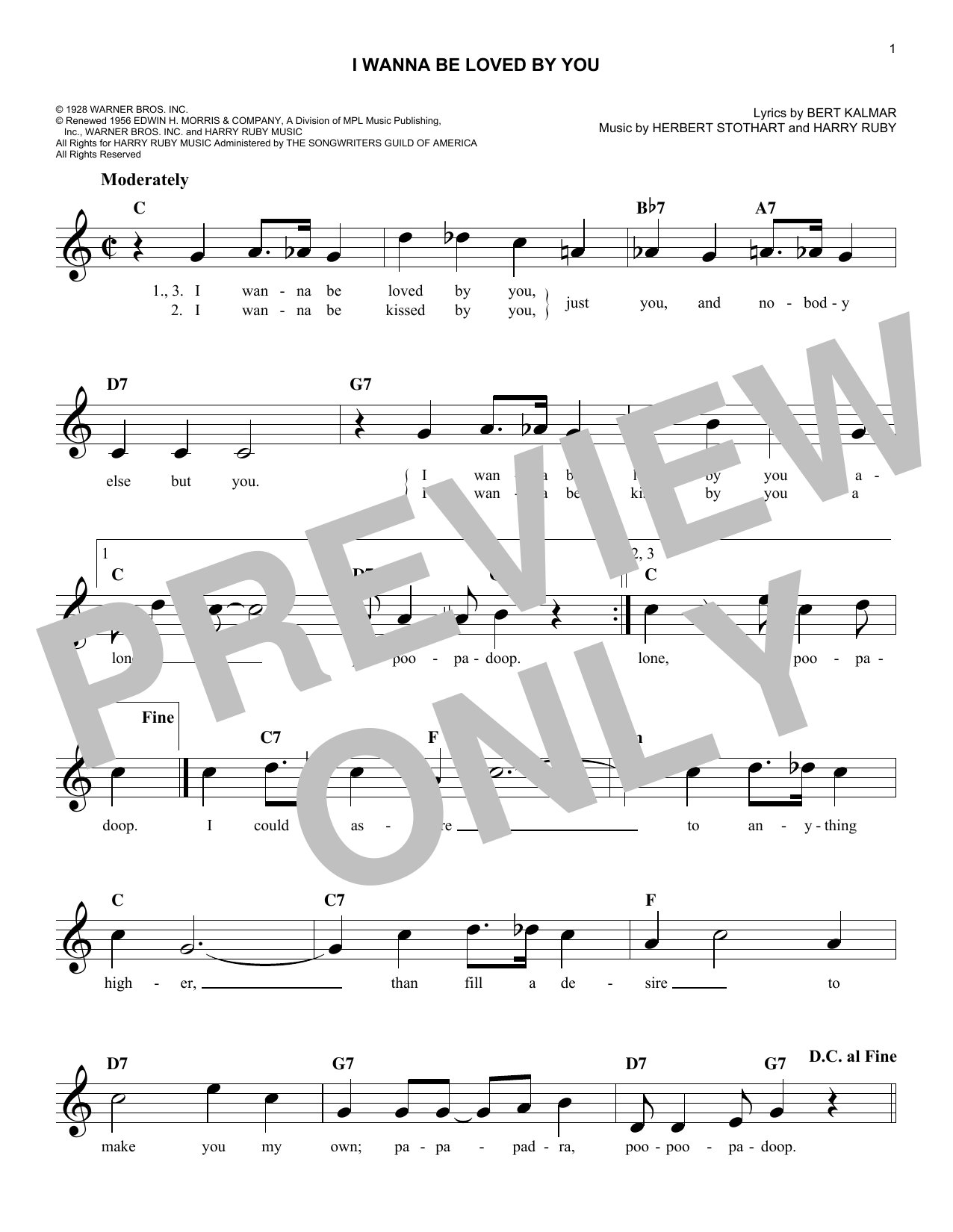 Herbert Stothart I Wanna Be Loved By You Sheet Music Notes & Chords for Melody Line, Lyrics & Chords - Download or Print PDF