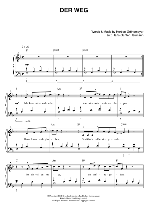 Herbert Groenemeyer Der Weg Sheet Music Notes & Chords for Easy Piano - Download or Print PDF