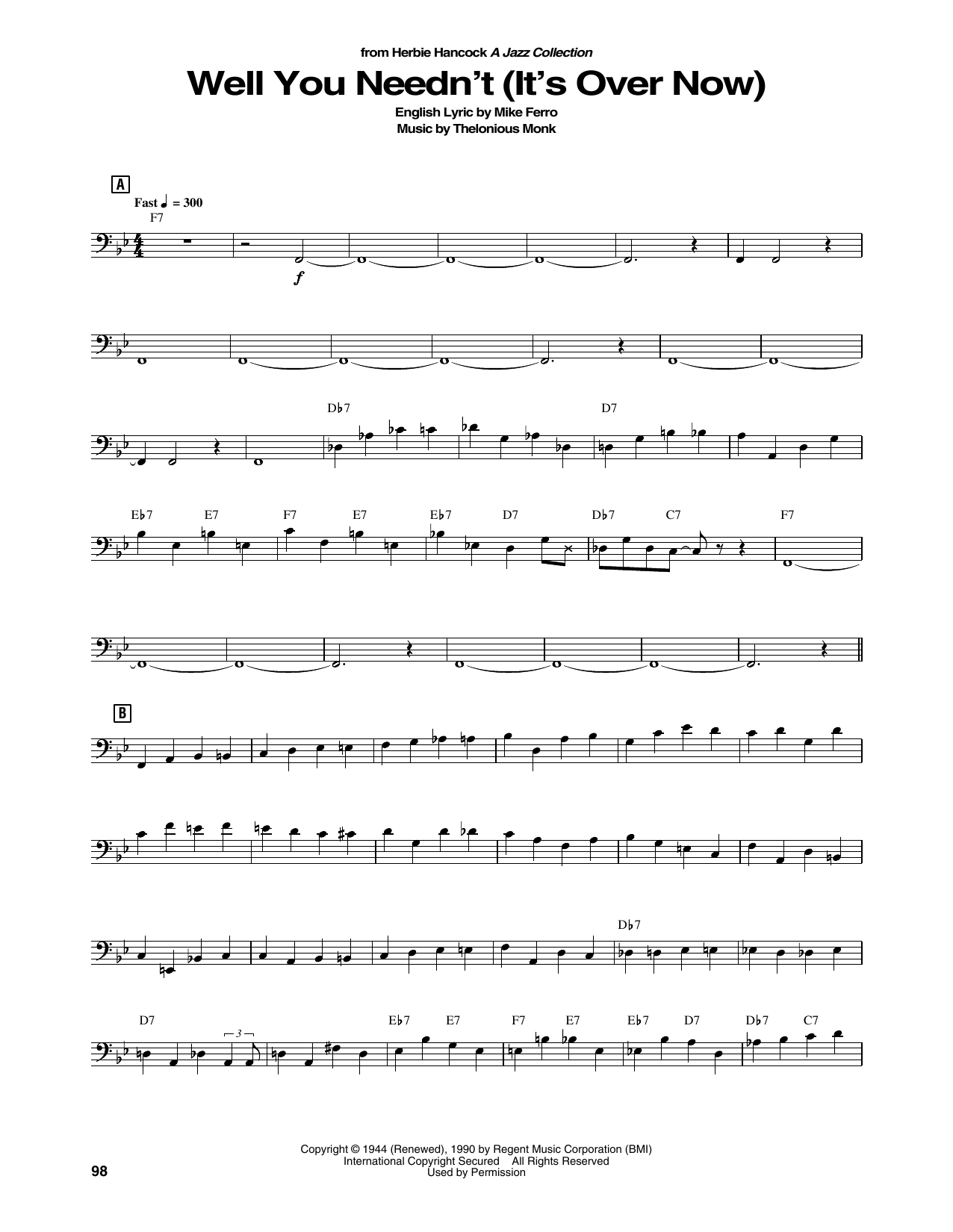 Herbie Hancock Well You Needn't (It's Over Now) Sheet Music Notes & Chords for String Bass Transcription - Download or Print PDF