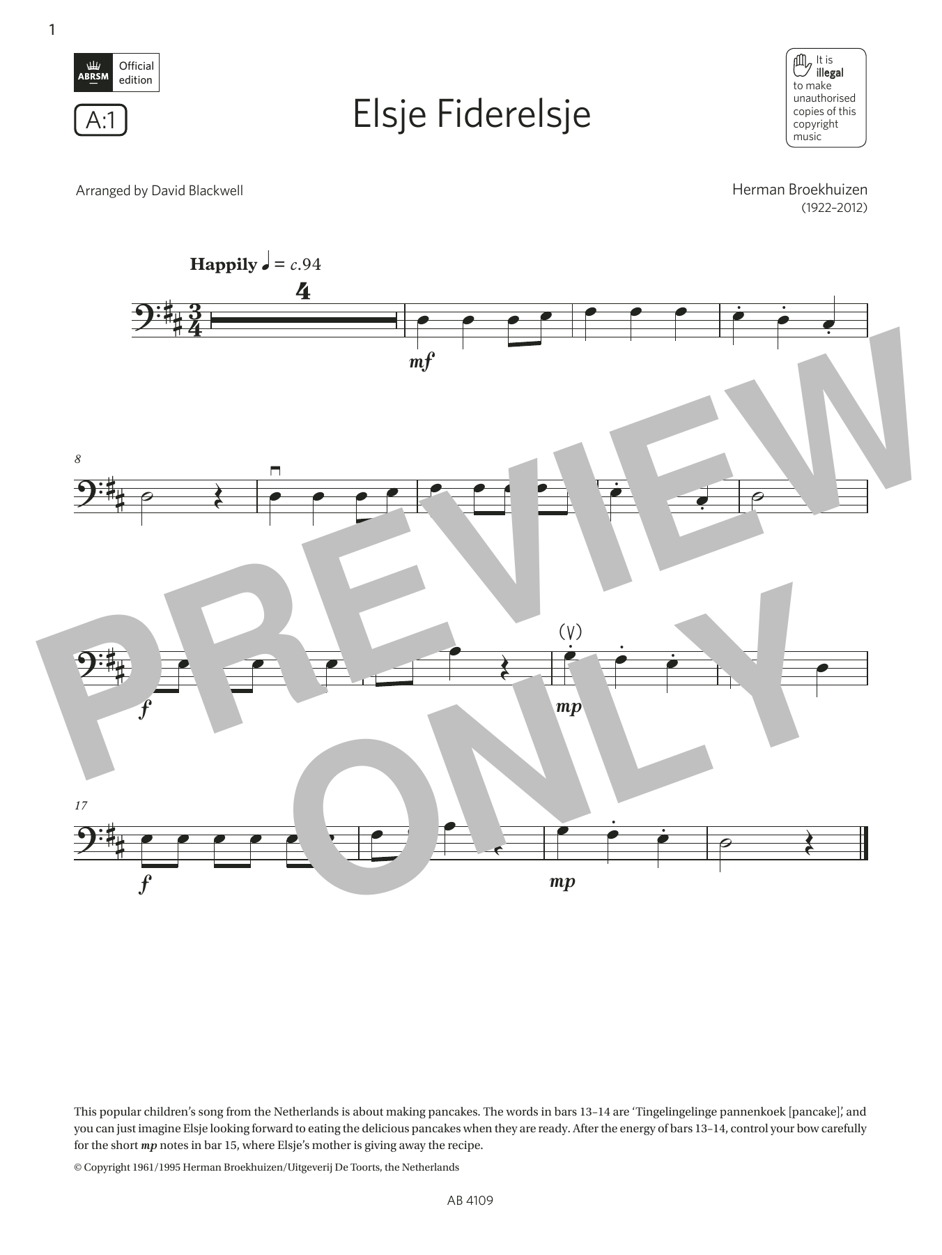 Herman Broekhuizen Elsje Fiderelsje (Grade Initial, A1, from the ABRSM Double Bass Syllabus from 2024) Sheet Music Notes & Chords for String Bass Solo - Download or Print PDF