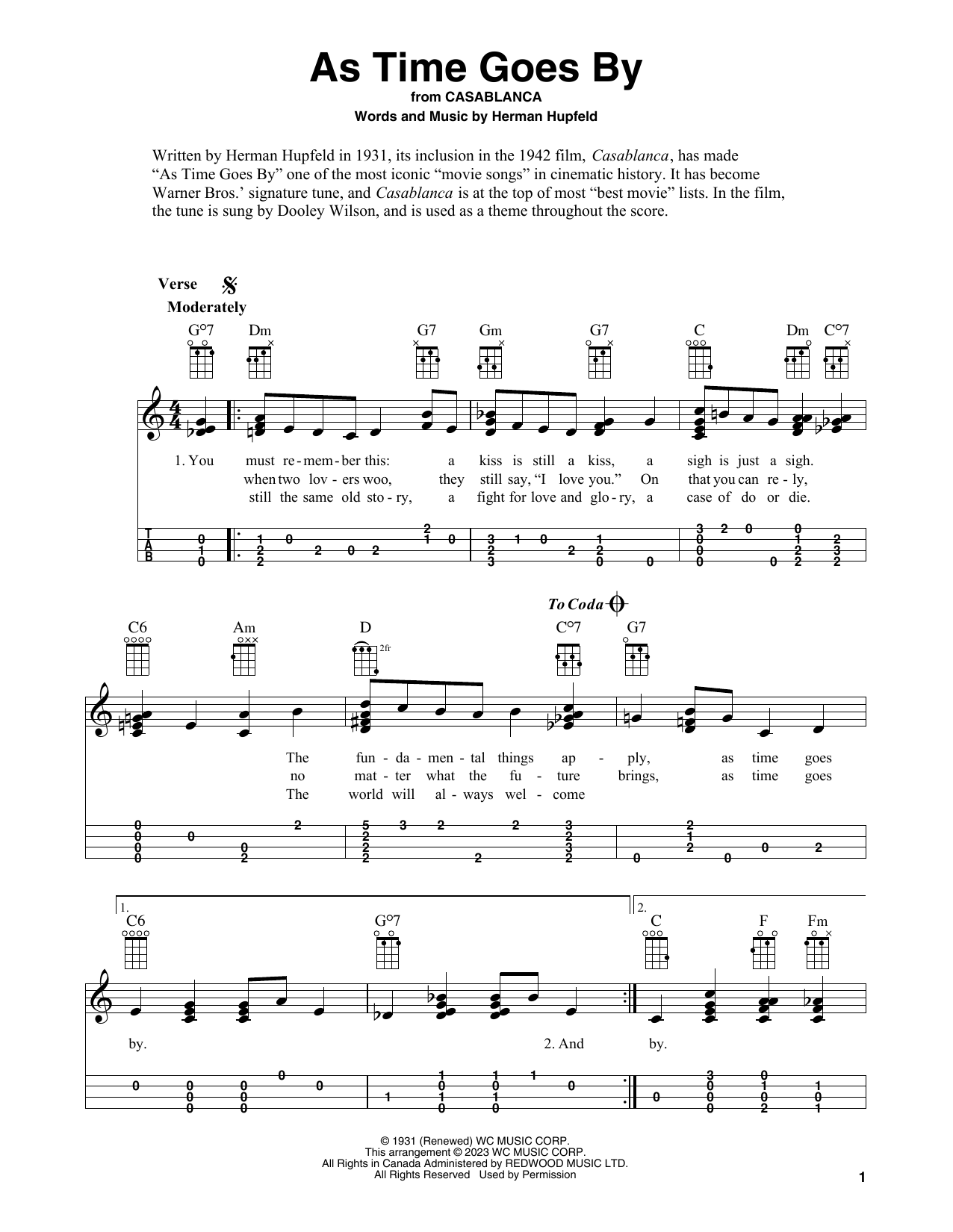 Herman Hupfeld As Time Goes By (from Casablanca) Sheet Music Notes & Chords for Easy Ukulele Tab - Download or Print PDF