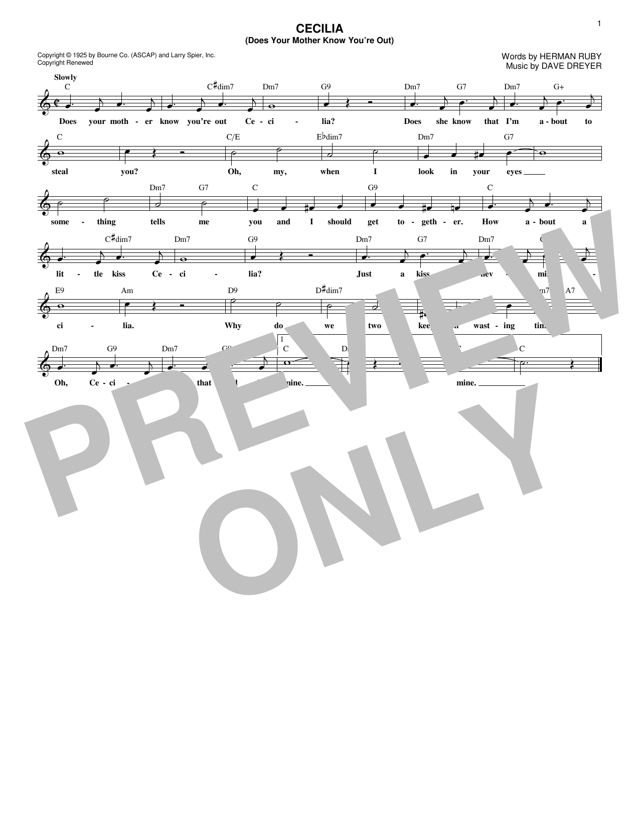 Herman Ruby Cecilia (Does Your Mother Know You're Out) Sheet Music Notes & Chords for Melody Line, Lyrics & Chords - Download or Print PDF