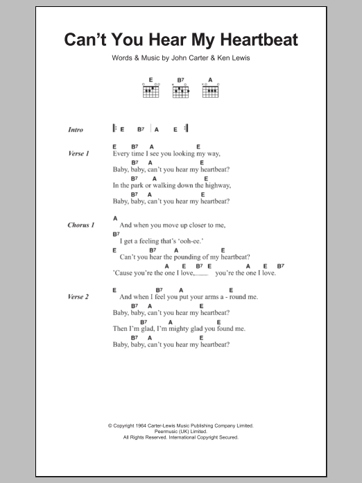 Herman's Hermits Can't You Hear My Heartbeat Sheet Music Notes & Chords for Guitar Chords/Lyrics - Download or Print PDF