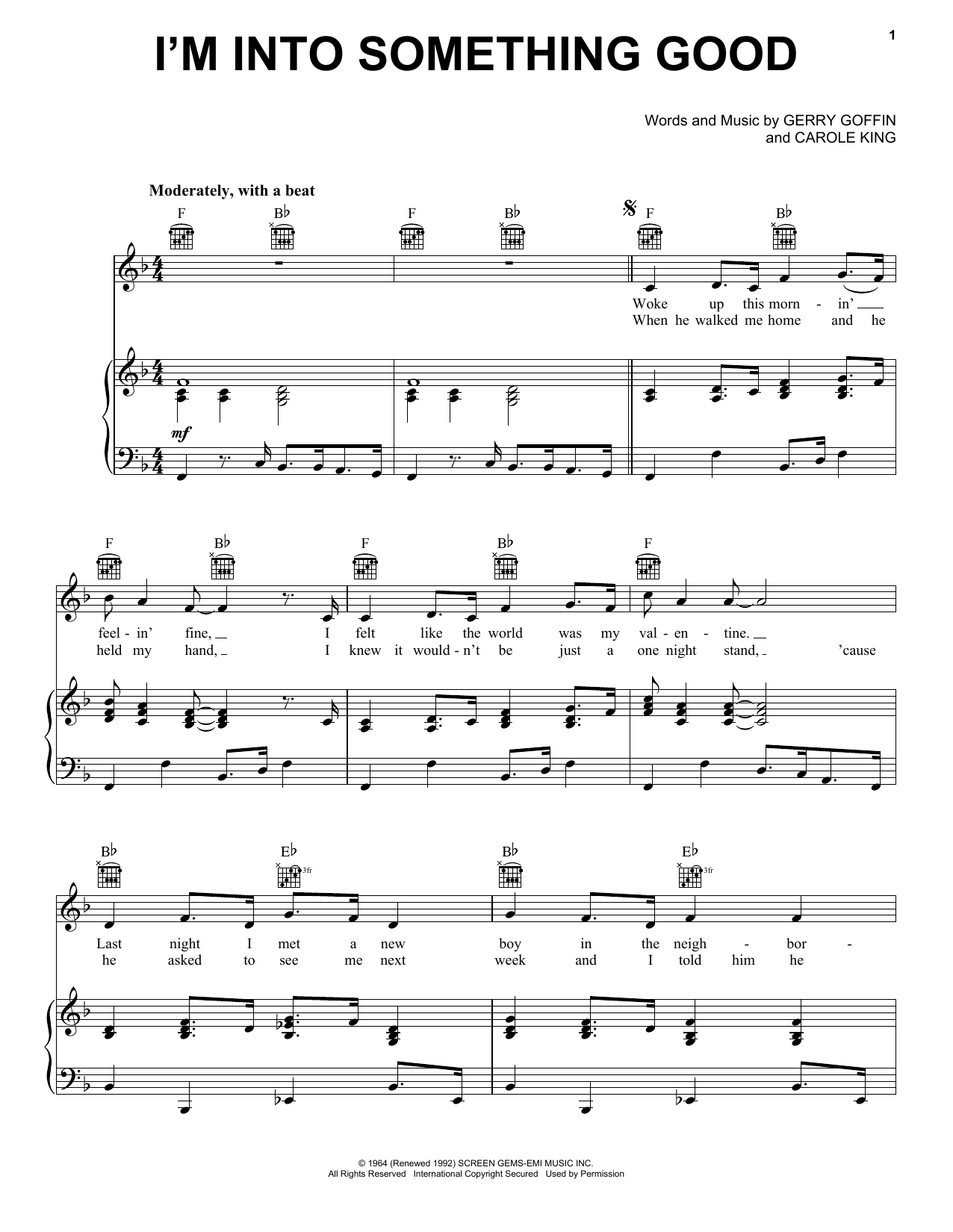 Herman's Hermits I'm Into Something Good Sheet Music Notes & Chords for Piano, Vocal & Guitar (Right-Hand Melody) - Download or Print PDF