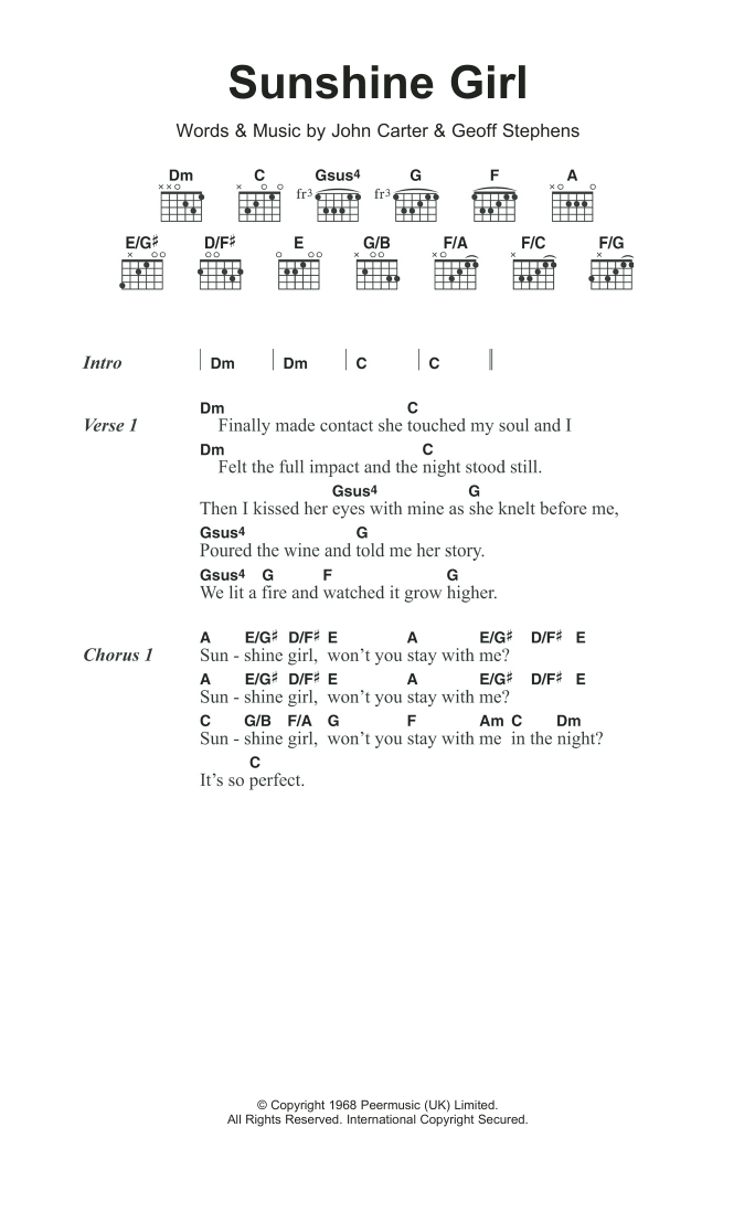 Herman's Hermits Sunshine Girl Sheet Music Notes & Chords for Guitar Chords/Lyrics - Download or Print PDF