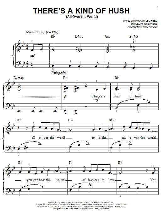 Herman's Hermits There's A Kind Of Hush (All Over The World) Sheet Music Notes & Chords for Easy Piano - Download or Print PDF