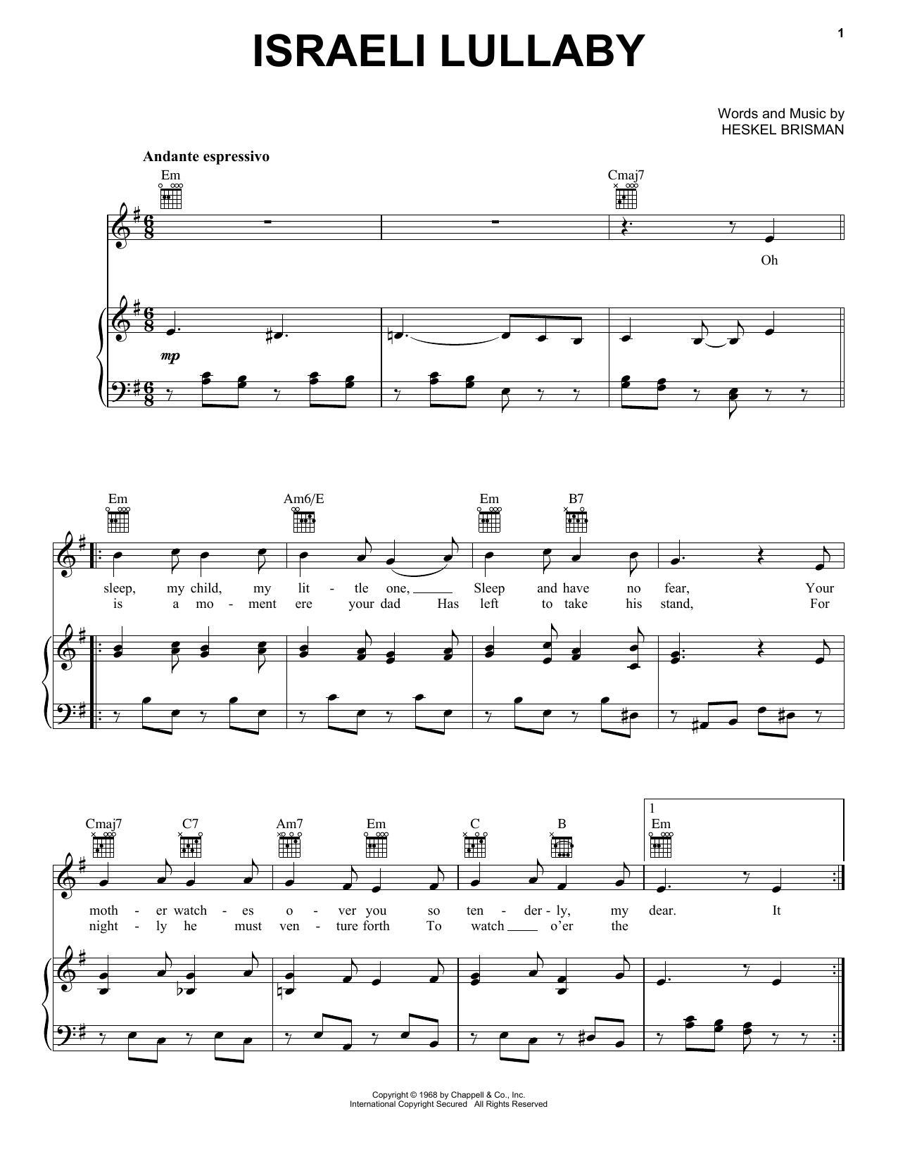 Heskel Brisman Israeli Lullaby Sheet Music Notes & Chords for Piano, Vocal & Guitar Chords (Right-Hand Melody) - Download or Print PDF Heskel Brisman Israeli Lullaby Sheet Music Notes & Chords for Piano, Vocal & Guitar Chords (Right-Hand Melody) - Download or Print PDF