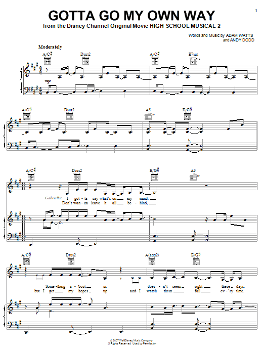 High School Musical 2 Gotta Go My Own Way Sheet Music Notes & Chords for Easy Guitar Tab - Download or Print PDF