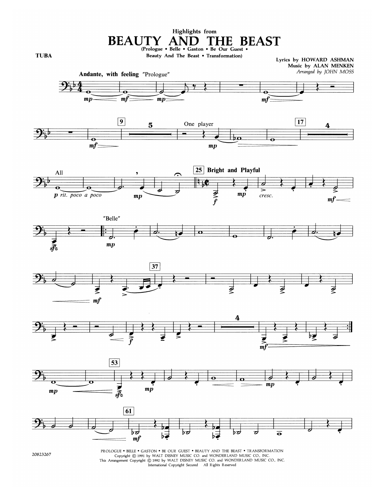 John Moss Highlights From Beauty And The Beast Tuba Sheet Music Download Pdf Score 365766