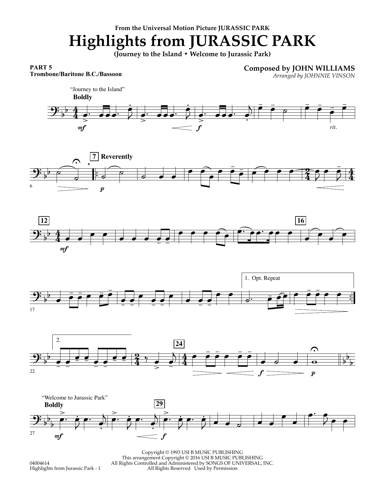 Johnnie Vinson Highlights From Jurassic Park Pt 5 Trombone Bar B C Bsn Sheet Music Download Pdf Score 347336