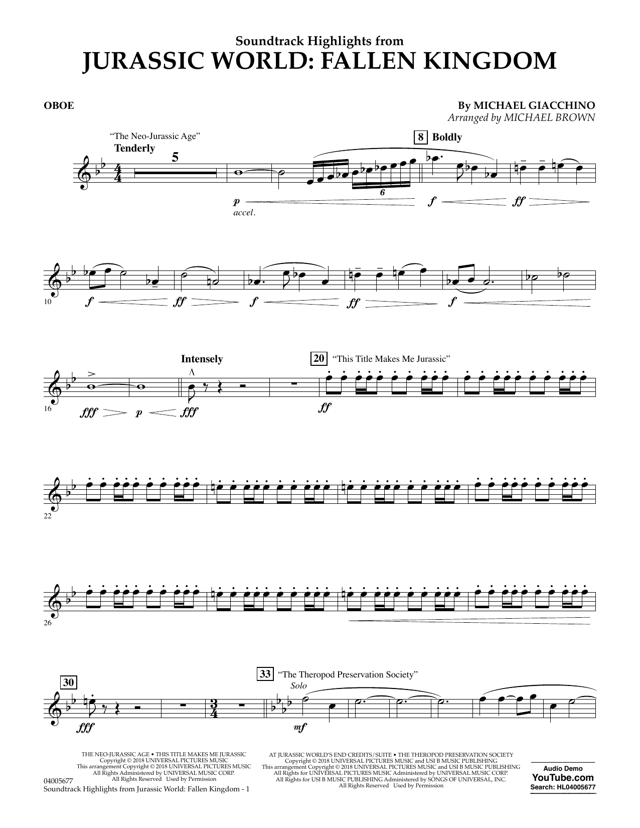 Michael Giacchino Highlights From Jurassic World Fallen Kingdom Arr Michael Brown Oboe Sheet Music Download Pdf Score 404033