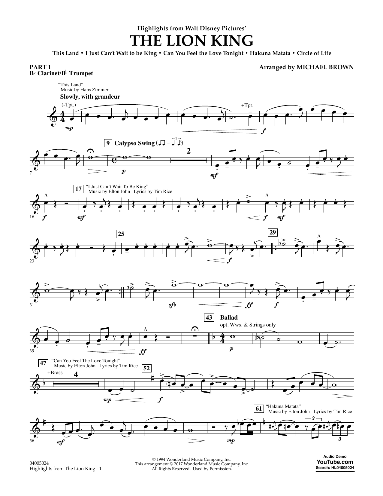 Michael Brown Highlights From The Lion King Pt 1 Bb Clarinet Bb Trumpet Sheet Music Download Pdf Score 361584