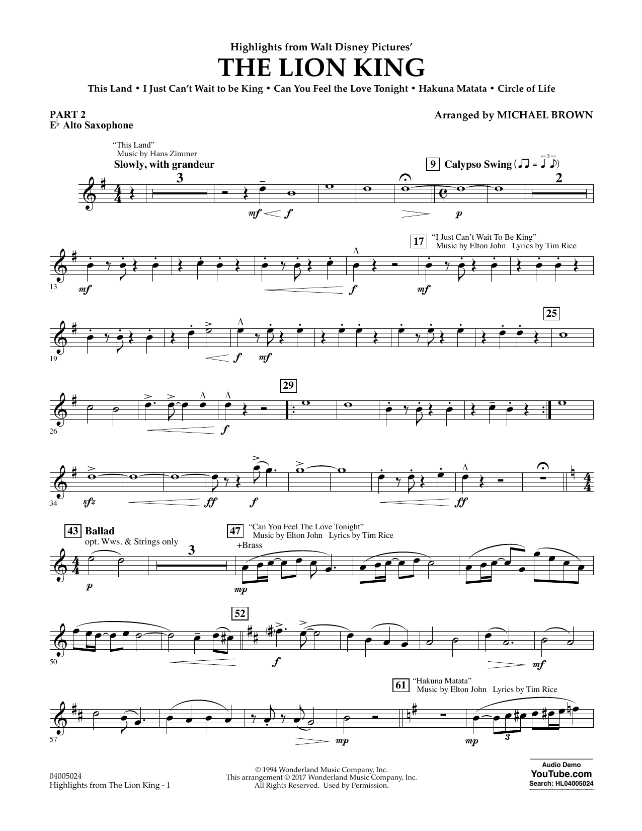 Michael Brown Highlights From The Lion King Pt 2 Eb Alto Saxophone Sheet Music Download Pdf Score 361587