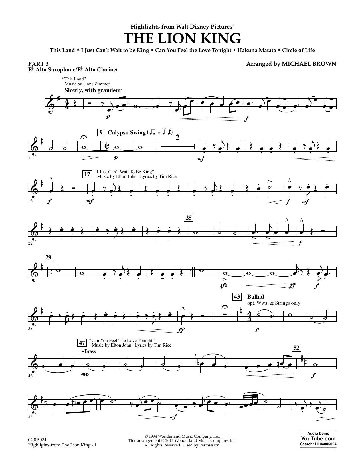 Michael Brown Highlights From The Lion King Pt 3 Eb Alto Sax Alto Clar Sheet Music Download Pdf Score 361591