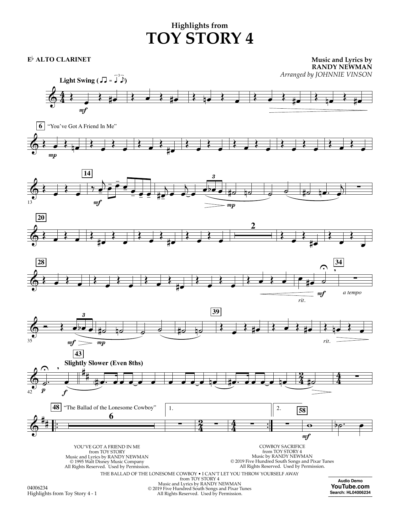 Randy Newman Highlights From Toy Story 4 Arr Johnnie Vinson Eb Alto Clarinet Sheet Music Download Pdf Score