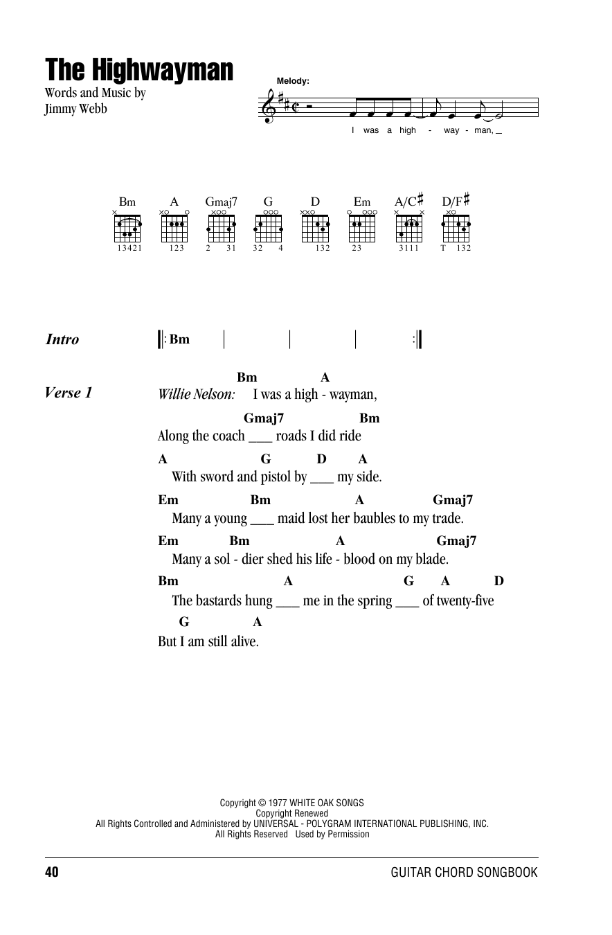 Highwaymen The Highwayman Sheet Music Notes & Chords for Lyrics & Chords - Download or Print PDF
