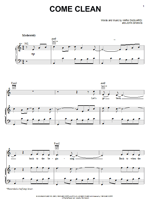 Hilary Duff Come Clean Sheet Music Notes & Chords for Piano, Vocal & Guitar (Right-Hand Melody) - Download or Print PDF