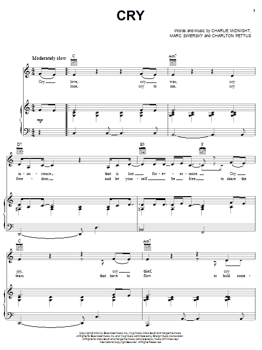 Hilary Duff Cry Sheet Music Notes & Chords for Piano, Vocal & Guitar (Right-Hand Melody) - Download or Print PDF