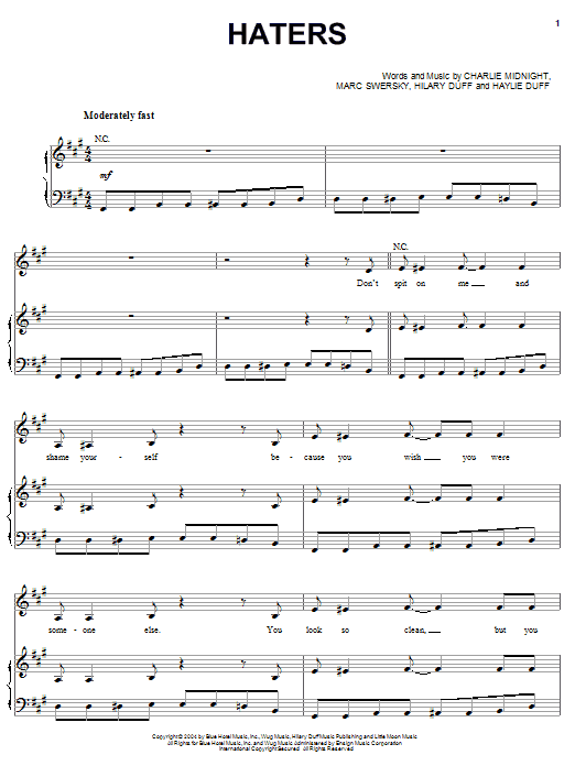 Hilary Duff Haters Sheet Music Notes & Chords for Piano, Vocal & Guitar (Right-Hand Melody) - Download or Print PDF