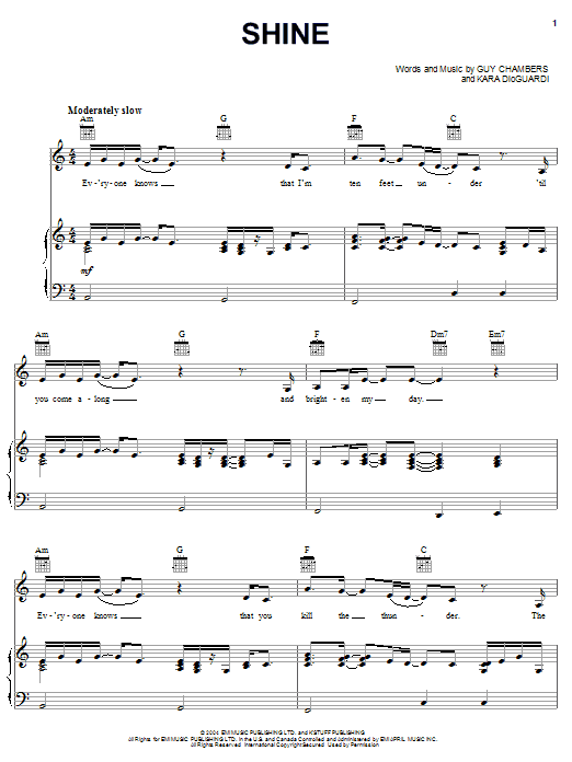 Hilary Duff Shine Sheet Music Notes & Chords for Piano, Vocal & Guitar (Right-Hand Melody) - Download or Print PDF