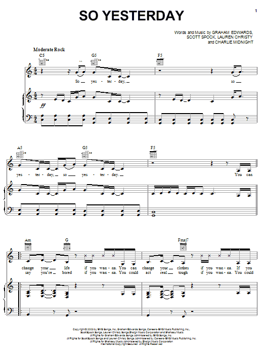 Hilary Duff So Yesterday Sheet Music Notes & Chords for Piano, Vocal & Guitar (Right-Hand Melody) - Download or Print PDF