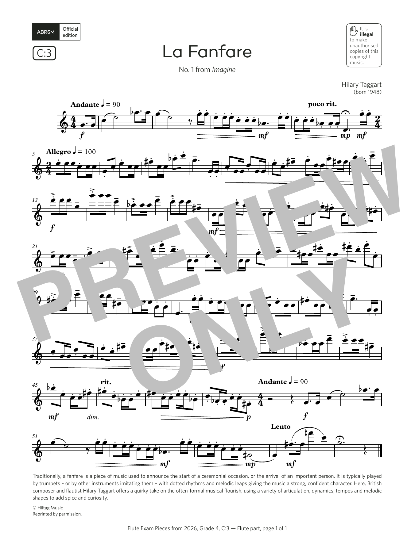 Hilary Taggart La Fanfare (Grade 4, list C3, from the ABRSM Flute Syllabus from 2026) Sheet Music Notes & Chords for Flute Solo - Download or Print PDF Hilary Taggart La Fanfare (Grade 4, list C3, from the ABRSM Flute Syllabus from 2026) Sheet Music Notes & Chords for Flute Solo - Download or Print PDF