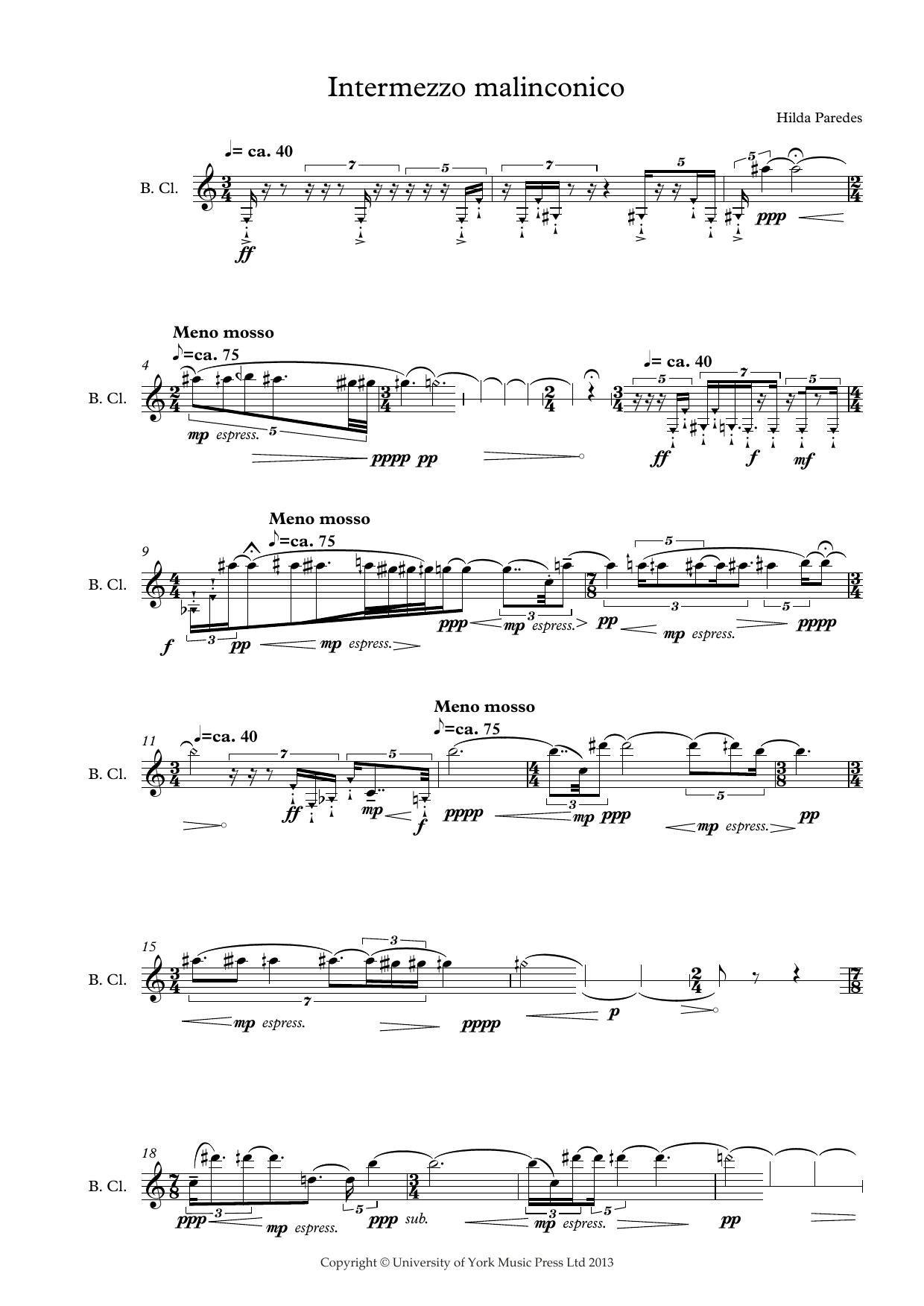 Hilda Paredes Intermezzo Malinconico Sheet Music Notes & Chords for Bass Clarinet - Download or Print PDF