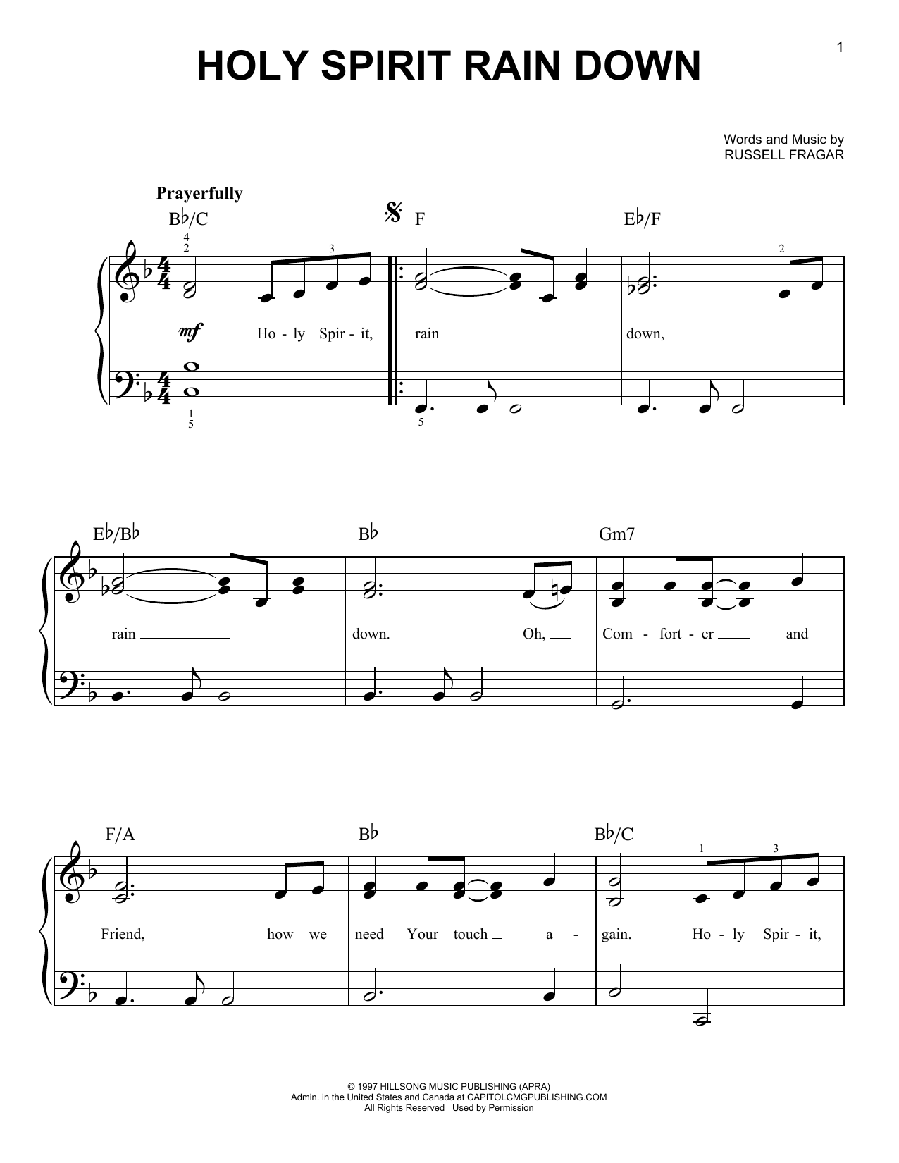 Russell Fragar Holy Spirit Rain Down Sheet Music Notes & Chords for Easy Piano - Download or Print PDF